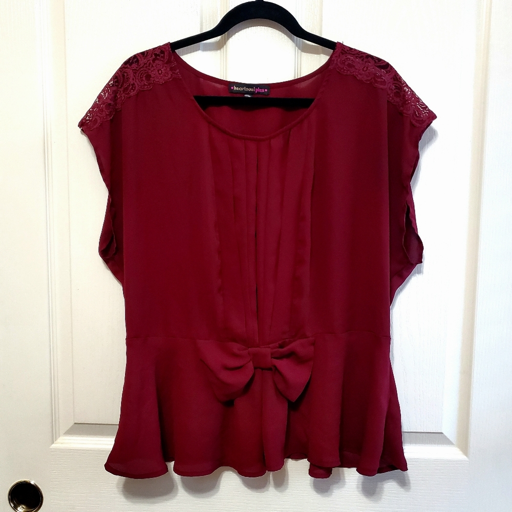 HeartSoulPlus Burgundy Peplum Blouse with Dolman Sleeves Size 1X